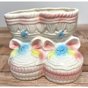 Vintage Ceramic Boot Planter With Floral Design & Pastel Colors